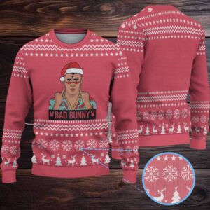 Red Snowflake & Reindeer Pattern “Bad Bunny Santa Style” Ugly Christmas Sweater