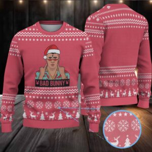 Red Snowflake & Reindeer Pattern “Bad Bunny Santa Style” Ugly Christmas Sweater