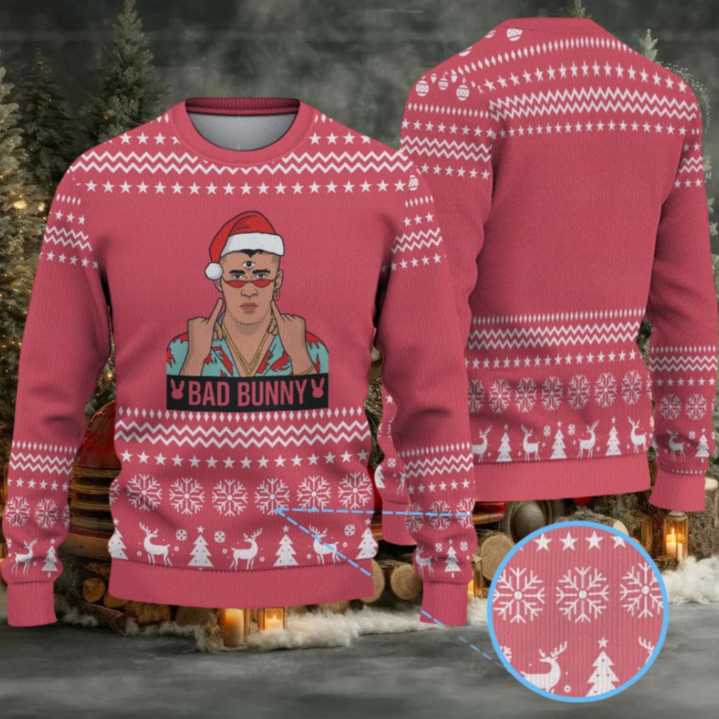 Red Snowflake & Reindeer Pattern “Bad Bunny Santa Style” Ugly Christmas Sweater Red Snowflake & Reindeer Pattern “Bad Bunny Santa Style” Ugly Christmas Sweater