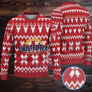 Red Twisted Tea Reindeer and Heart Pattern Ugly Sweater