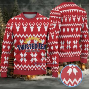 Red Twisted Tea Reindeer and Heart Pattern Ugly Sweater