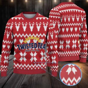 Red Twisted Tea Reindeer and Heart Pattern Ugly Sweater