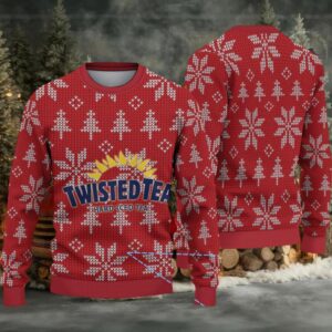 Red Twisted Tea Snowflake and Tree Pattern Ugly Sweater