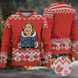 Red & White Snowflake Knit “Epstein Didn’t Kill Himself” Cartoon Santa Ugly Christmas Sweater