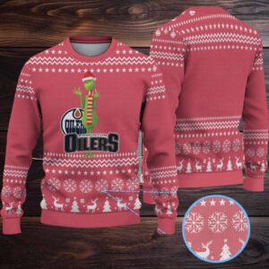 Red & White Snowflake Knit “Grinch Edmonton Oilers Logo” Ugly Christmas Sweater