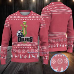 Red & White Snowflake Knit “Grinch Edmonton Oilers Logo” Ugly Christmas Sweater