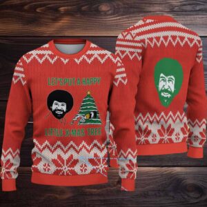 Red & White Snowflake Pattern “Bob Ross Happy Little X Mas Tree” Ugly Christmas Sweater
