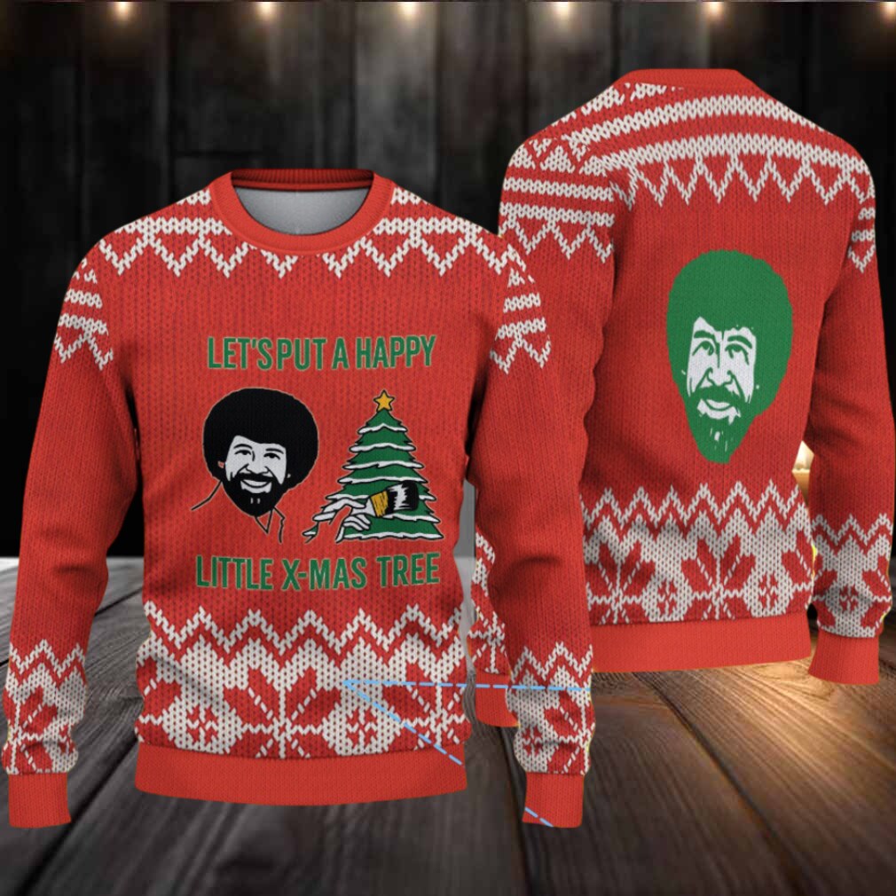 Red & White Snowflake Pattern “Bob Ross Happy Little X Mas Tree” Ugly Christmas Sweater Red & White Snowflake Pattern “Bob Ross Happy Little X Mas Tree” Ugly Christmas Sweater