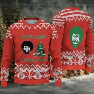 Red & White Snowflake Pattern “Bob Ross Happy Little X Mas Tree” Ugly Christmas Sweater