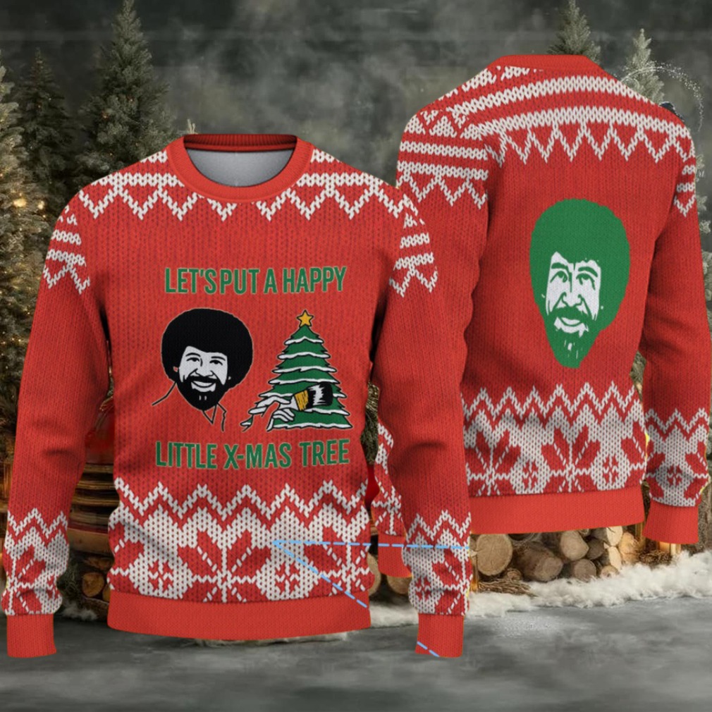Red & White Snowflake Pattern “Bob Ross Happy Little X Mas Tree” Ugly Christmas Sweater Red & White Snowflake Pattern “Bob Ross Happy Little X Mas Tree” Ugly Christmas Sweater
