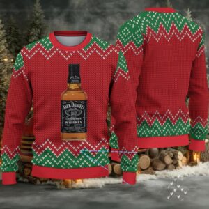 Red and Green Chevron Knit Ugly Christmas Sweater Jack Daniel’s Tennessee Whiskey Bottle Pattern,
