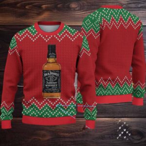 Red and Green Chevron Knit Ugly Christmas Sweater Jack Daniel’s Tennessee Whiskey Bottle Pattern,