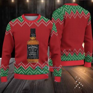 Red and Green Chevron Knit Ugly Christmas Sweater Jack Daniel’s Tennessee Whiskey Bottle Pattern,