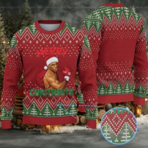 Red and Green Fair Isle Ugly Christmas Sweater Mike Tyson in Santa Hat with Boxing Gloves