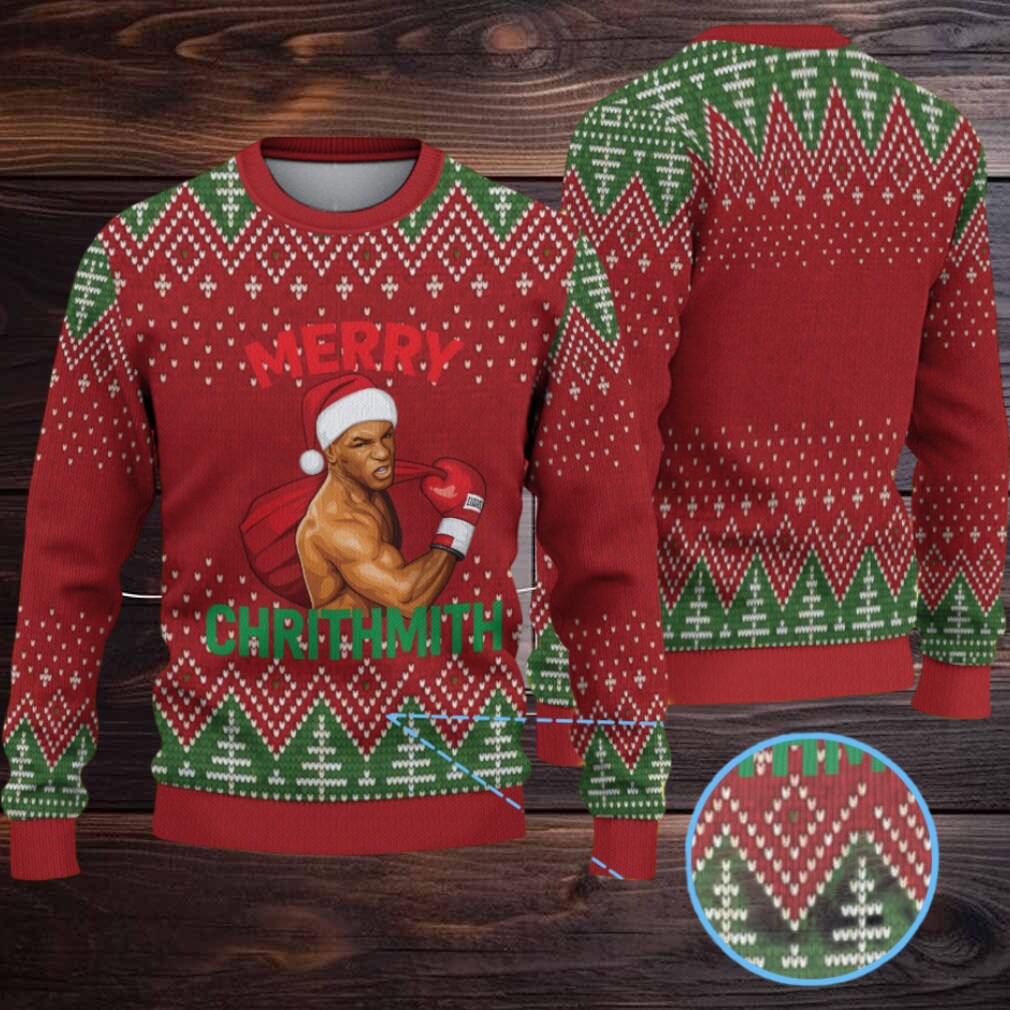 Red and Green Fair Isle Ugly Christmas Sweater Mike Tyson in Santa Hat with Boxing Gloves Red and Green Fair Isle Ugly Christmas Sweater Mike Tyson in Santa Hat with Boxing Gloves