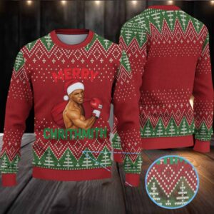 Red and Green Fair Isle Ugly Christmas Sweater Mike Tyson in Santa Hat with Boxing Gloves