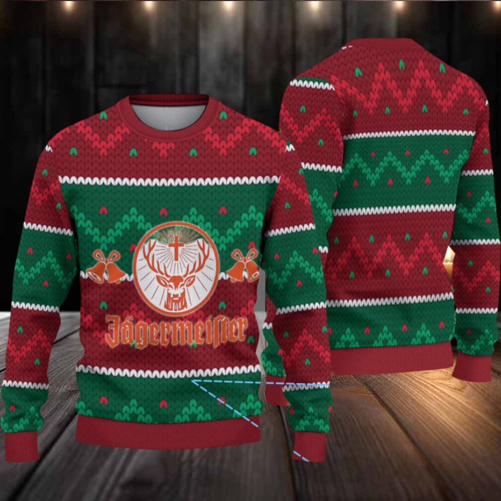 Red and Green Zigzag Knit Ugly Christmas Sweater Jagermeister Stag Logo with Bells Red and Green Zigzag Knit Ugly Christmas Sweater Jagermeister Stag Logo with Bells