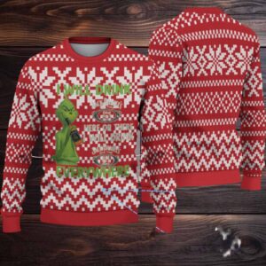 Red and White Geometric Fair Isle Ugly Christmas Sweater Jack Daniel’s Whiskey with Grinch Pattern