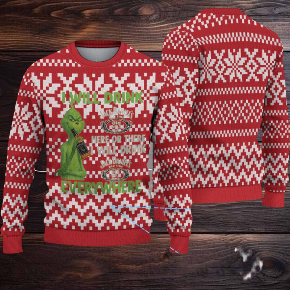Red and White Geometric Fair Isle Ugly Christmas Sweater Jack Daniel’s Whiskey with Grinch Pattern Red and White Geometric Fair Isle Ugly Christmas Sweater Jack Daniel’s Whiskey with Grinch Pattern