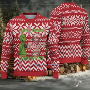 Red and White Geometric Fair Isle Ugly Christmas Sweater Jack Daniel’s Whiskey with Grinch Pattern