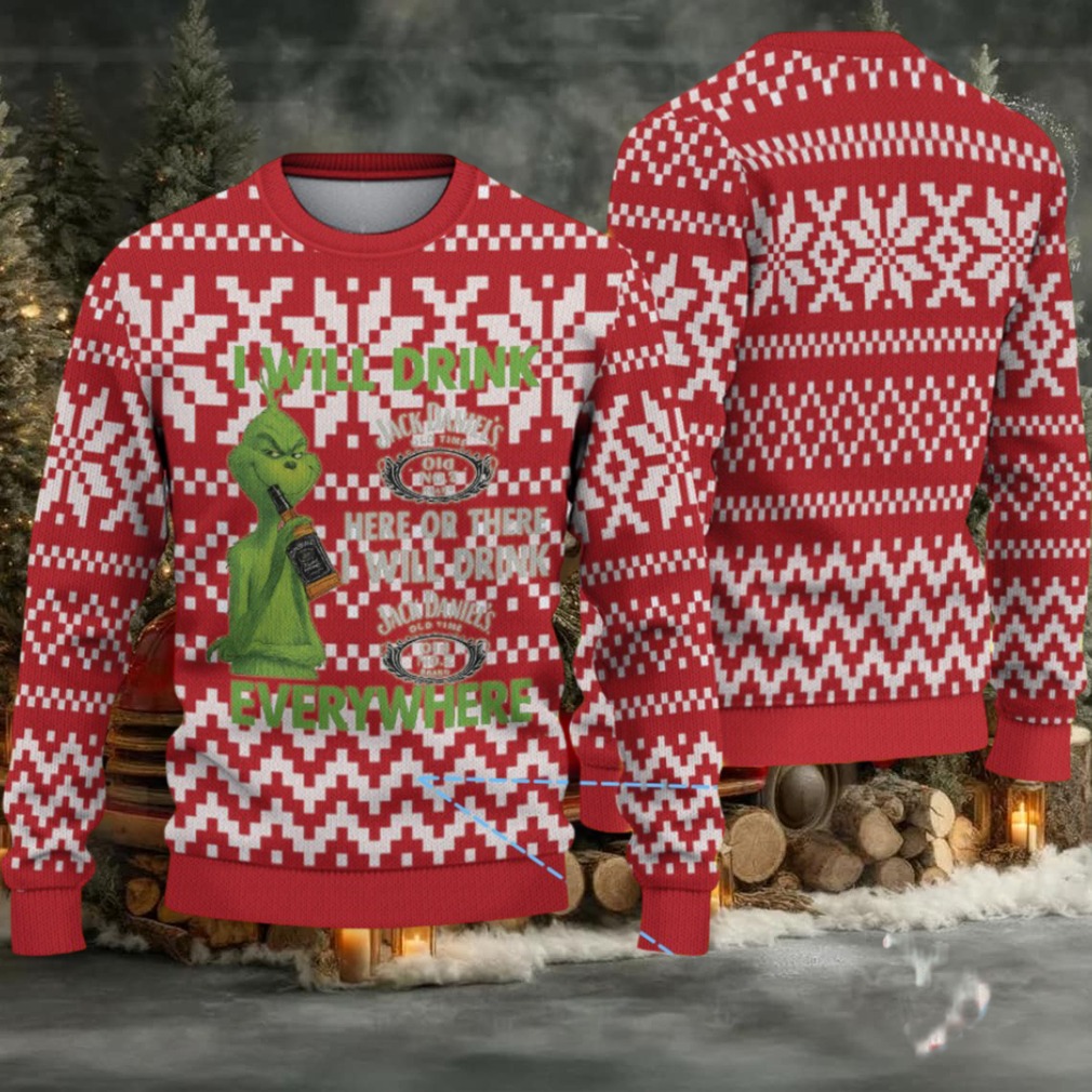 Red and White Geometric Fair Isle Ugly Christmas Sweater Jack Daniel’s Whiskey with Grinch Pattern Red and White Geometric Fair Isle Ugly Christmas Sweater Jack Daniel’s Whiskey with Grinch Pattern