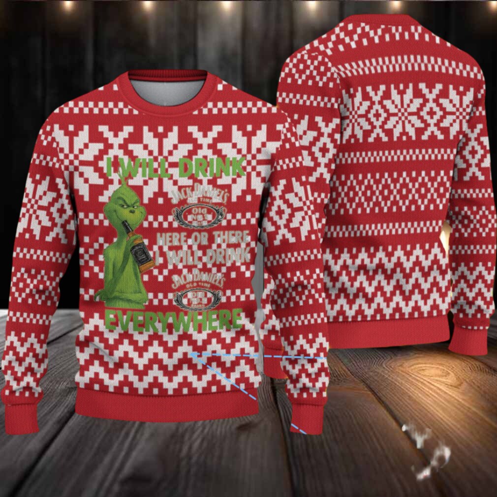 Red and White Geometric Fair Isle Ugly Christmas Sweater Jack Daniel’s Whiskey with Grinch Pattern Red and White Geometric Fair Isle Ugly Christmas Sweater Jack Daniel’s Whiskey with Grinch Pattern