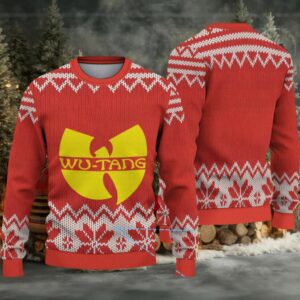Red and White Snowflake Knit “Wu Tang Clan Yellow Logo” Ugly Christmas Sweater
