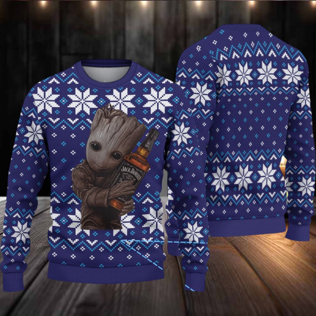 Navy Fair Isle Snowflake Ugly Christmas Sweater Jack Daniel’s Whiskey with Baby Groot Holding Bottle Navy Fair Isle Snowflake Ugly Christmas Sweater Jack Daniel’s Whiskey with Baby Groot Holding Bottle