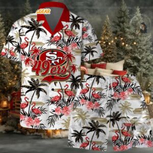 San Francisco 49ers Football Team Logo Pattern Flamingo Hibiscus Summer Hawaiian Shirt And Beach Short San Francisco 49ers Football Team Logo Pattern Flamingo Hibiscus Summer Hawaiian Shirt And Beach Short