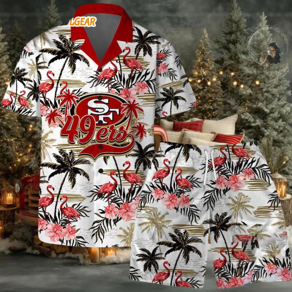 San Francisco 49ers Football Team Logo Pattern Flamingo Hibiscus Summer Hawaiian Shirt And Beach Short San Francisco 49ers Football Team Logo Pattern Flamingo Hibiscus Summer Hawaiian Shirt And Beach Short
