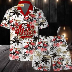 San Francisco 49ers Football Team Logo Pattern Flamingo Hibiscus Summer Hawaiian Shirt And Beach Short