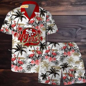 San Francisco 49ers Football Team Logo Pattern Flamingo Hibiscus Summer Hawaiian Shirt And Beach Short