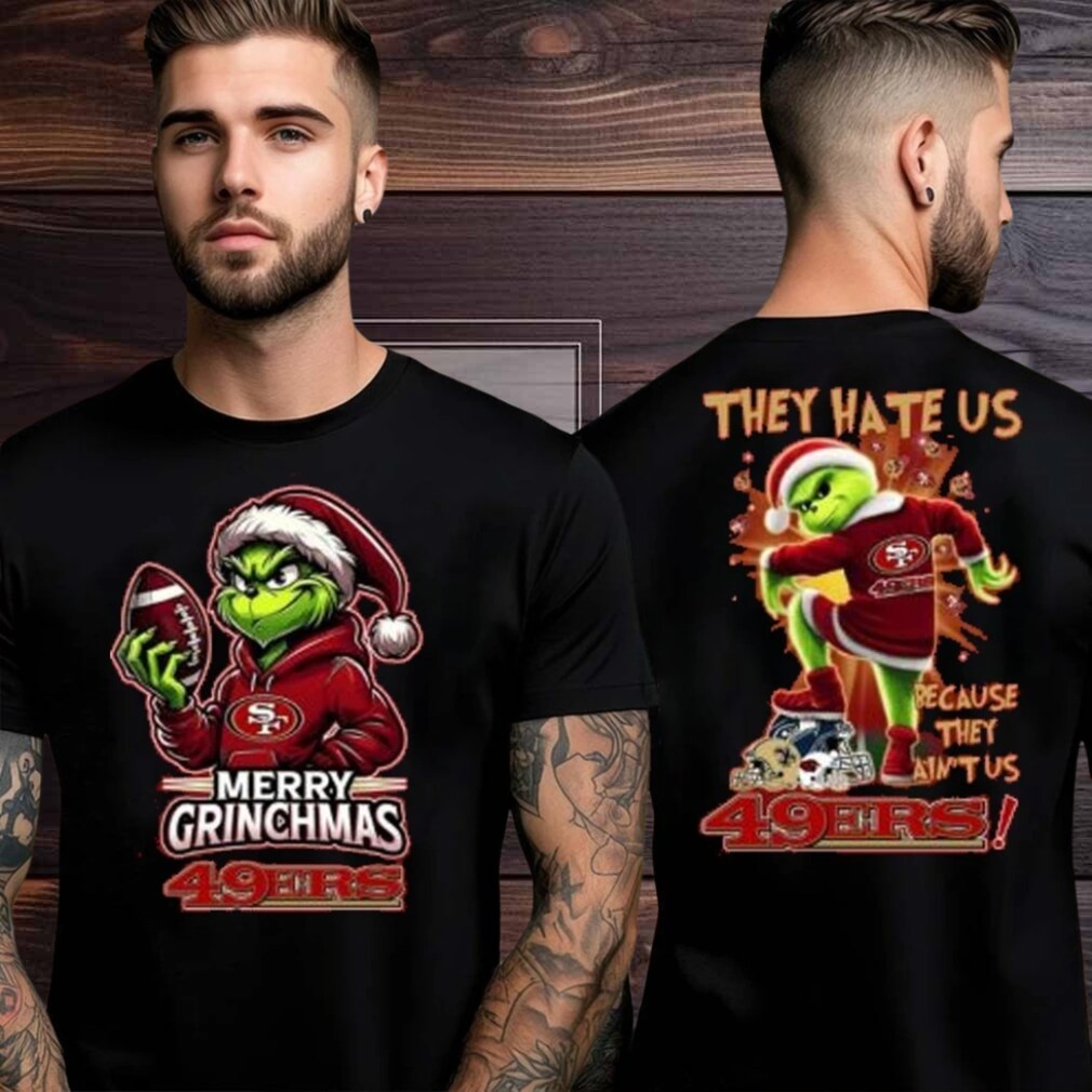 San Francisco 49ers Grinch Merry Christmas Grinchmas 2025 Personalized Football Logo Two Sided Shirt San Francisco 49ers Grinch Merry Christmas Grinchmas 2025 Personalized Football Logo Two Sided Shirt