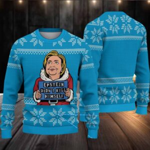Sky Blue Snowflake Pattern “Epstein Didn’t Kill Himself” Cartoon Santa Ugly Christmas Sweater