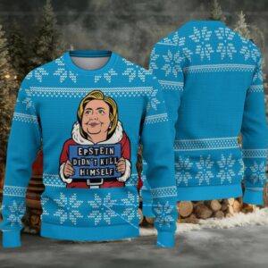Sky Blue Snowflake Pattern “Epstein Didn’t Kill Himself” Cartoon Santa Ugly Christmas Sweater