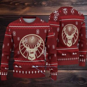 Burgundy Red Snowflake and Pixel Tree Pattern Ugly Christmas Sweater Jagermeister Stag Logo