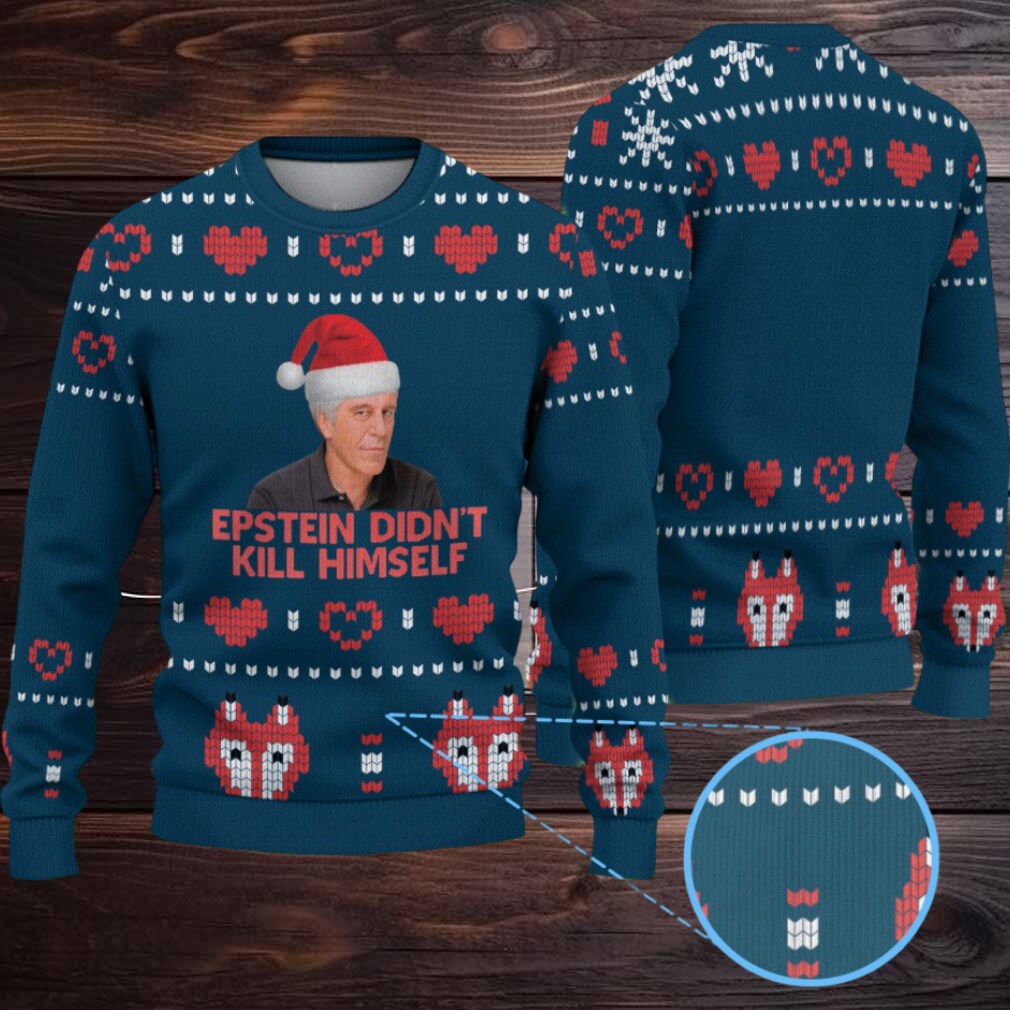 Teal Blue & Red Heart Fox Pattern “Epstein Didn’t Kill Himself” Santa Hat Ugly Christmas Sweater Teal Blue & Red Heart Fox Pattern “Epstein Didn’t Kill Himself” Santa Hat Ugly Christmas Sweater