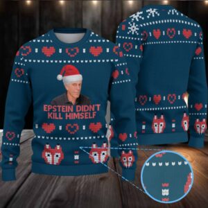 Teal Blue & Red Heart Fox Pattern “Epstein Didn’t Kill Himself” Santa Hat Ugly Christmas Sweater