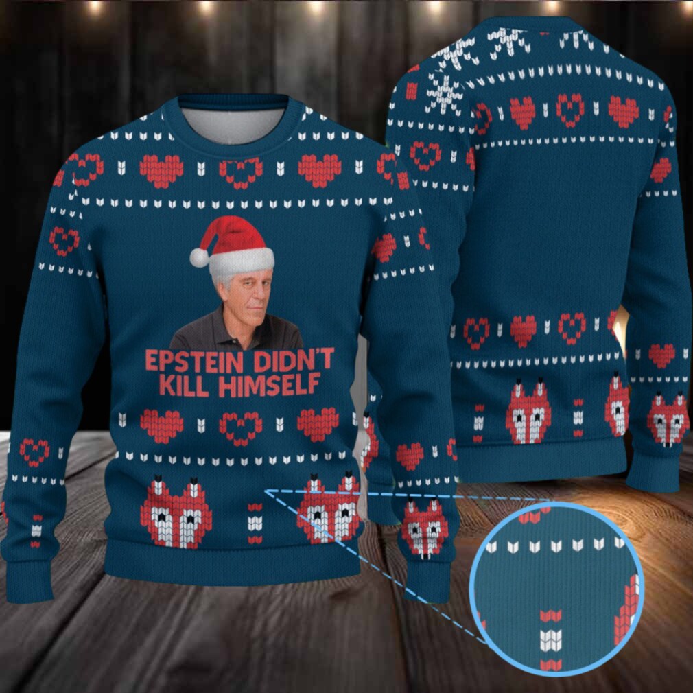 Teal Blue & Red Heart Fox Pattern “Epstein Didn’t Kill Himself” Santa Hat Ugly Christmas Sweater Teal Blue & Red Heart Fox Pattern “Epstein Didn’t Kill Himself” Santa Hat Ugly Christmas Sweater