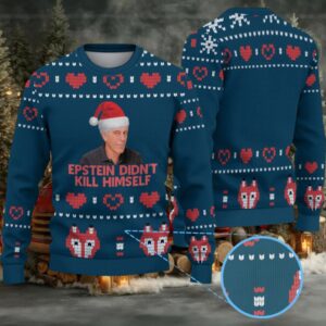 Teal Blue & Red Heart Fox Pattern “Epstein Didn’t Kill Himself” Santa Hat Ugly Christmas Sweater