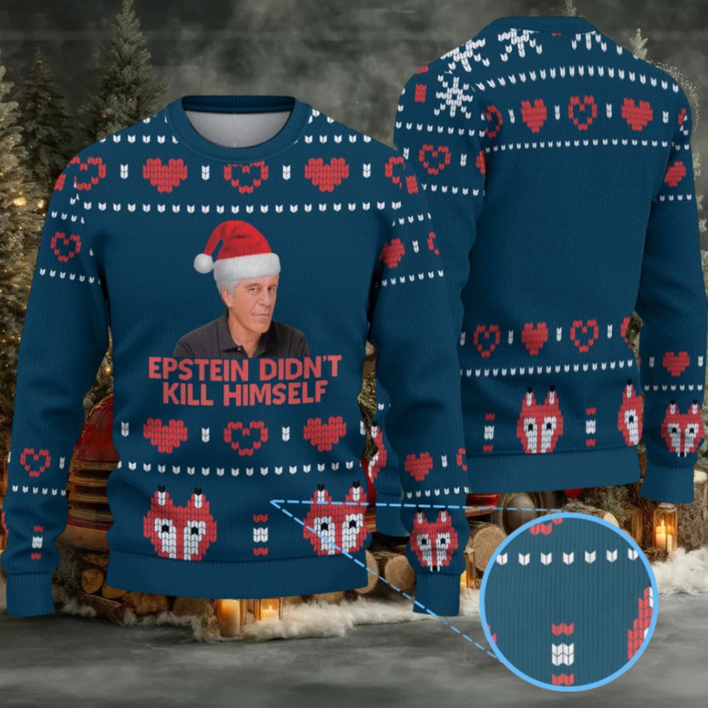 Teal Blue & Red Heart Fox Pattern “Epstein Didn’t Kill Himself” Santa Hat Ugly Christmas Sweater Teal Blue & Red Heart Fox Pattern “Epstein Didn’t Kill Himself” Santa Hat Ugly Christmas Sweater