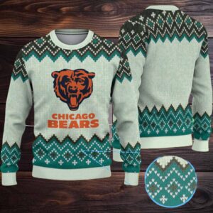 Teal & Cream Chevron Pattern “Chicago Bears Classic Logo” Ugly Christmas Sweater
