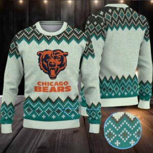 Teal & Cream Chevron Pattern “Chicago Bears Classic Logo” Ugly Christmas Sweater