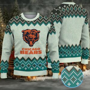 Teal & Cream Chevron Pattern “Chicago Bears Classic Logo” Ugly Christmas Sweater