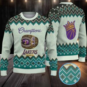 Teal Diamond Pattern “Los Angeles Lakers Champions Ring” Ugly Christmas Sweater