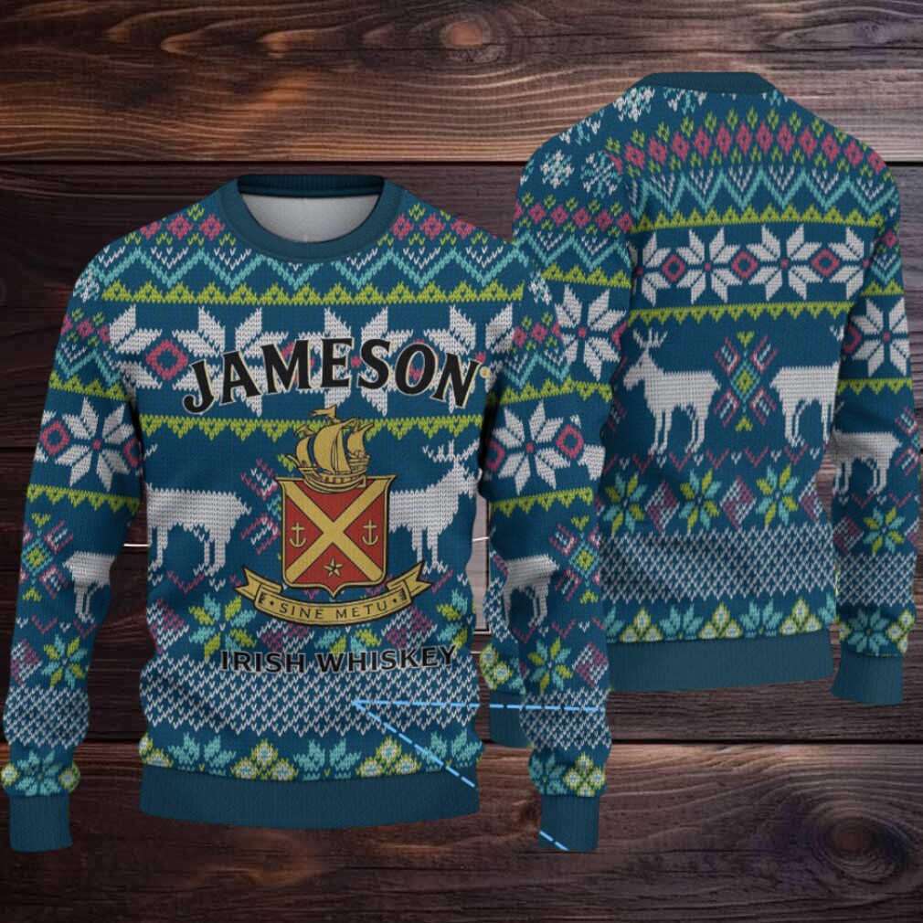 Teal Jameson Irish Whiskey Stag & Crest Pattern Christmas Ugly Sweater Teal Jameson Irish Whiskey Stag & Crest Pattern Christmas Ugly Sweater