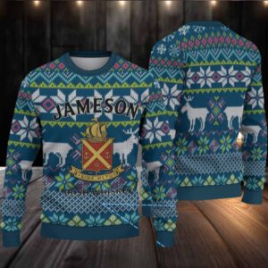 Teal Jameson Irish Whiskey Stag & Crest Pattern Christmas Ugly Sweater
