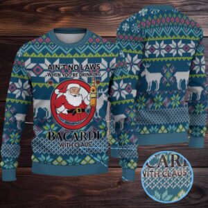Teal & Navy Fair Isle Reindeer Snowflake Bacardi “With Claus” Ugly Christmas Sweater