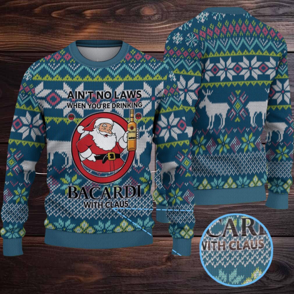 Teal & Navy Fair Isle Reindeer Snowflake Bacardi “With Claus” Ugly Christmas Sweater Teal & Navy Fair Isle Reindeer Snowflake Bacardi “With Claus” Ugly Christmas Sweater