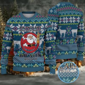 Teal & Navy Fair Isle Reindeer Snowflake Bacardi “With Claus” Ugly Christmas Sweater